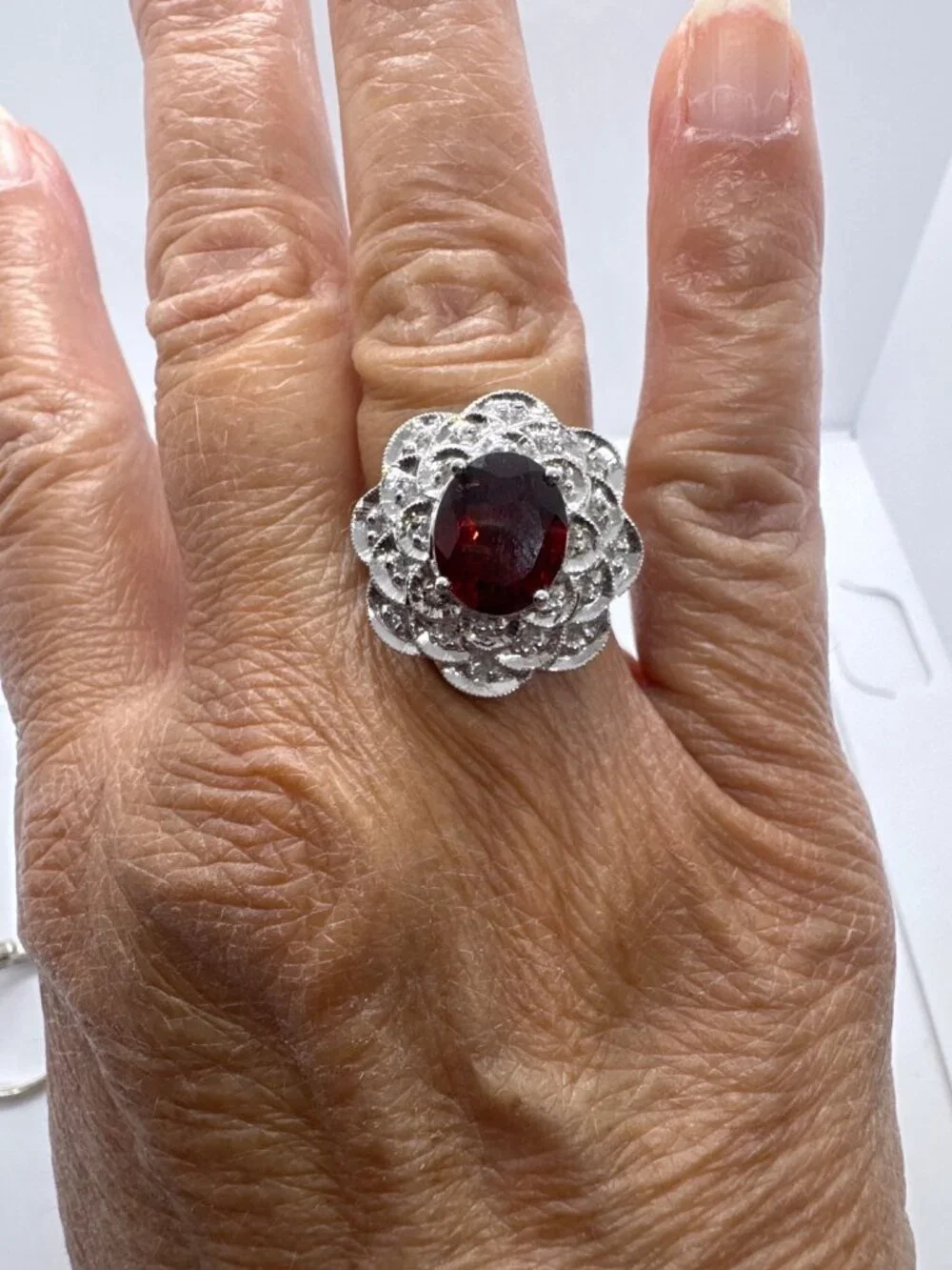 Sterling Silver Garnet Type Ring 925 India Floral Halo Cocktail Size 8 Romantic